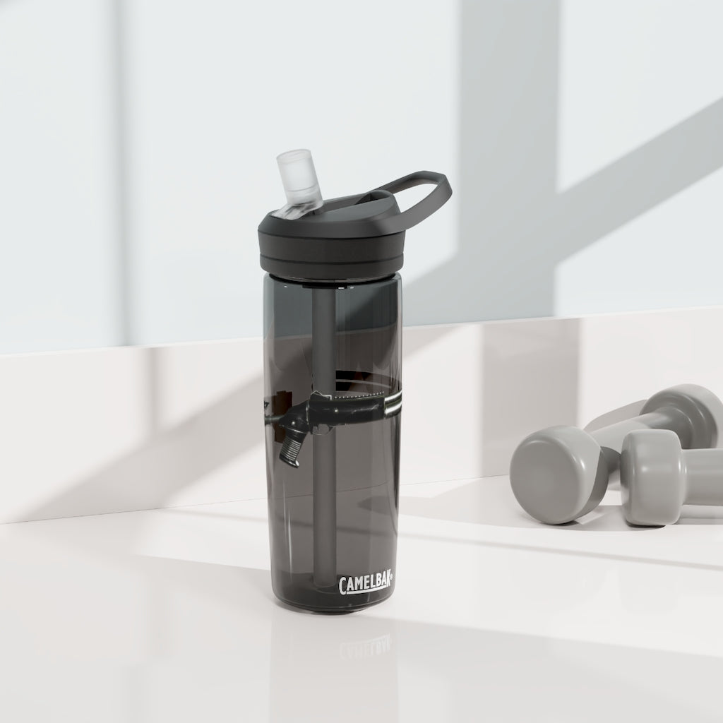 CamelBak Eddy® Water Bottle in 20oz and 25oz sizes, made from durable Tritan™ material, featuring a spill-proof biting valve and easy-carry handle.